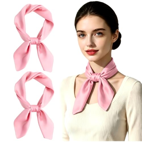 Image of ZJEEACO 2 PCS Pink Elegant Square Satin Scarf, Plain Bandana, Soft Neckerchief, 70 x 70 cm, Smooth Lightweight Hair Wrap, Silk Feel Headband, Fashion Accessories for Women Ladies, Vintage 1950s Style