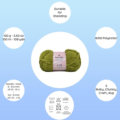 Image of Cuddly Velvet Chenille Yarn, Super Soft Fluffy Bulky for Knitting Crocheting Crafting Blanket Amigurumi, Durable for Shedding, 3.53 Ounces (100 Gram) 109 Yards (100 Meters) (Moss)