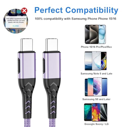Image of Durcord USB C to USB C Cable, 2Pack 100W 6ft USB C Charger Cable Fast Charging for Android /Phone /Pad, Type C to Type C Charger Braided USB Cable Compatible with Phone 16 /15 Pro Plus Max Purple