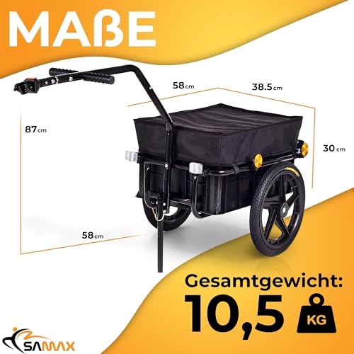 SAMAX Transportanhänger 70 Liter / 60 Kg Fahrradanhänger Lastenanhänger mit Kupplung Fahrrad Anhänger Handwagen mit Kunststoffwanne in Schwarz