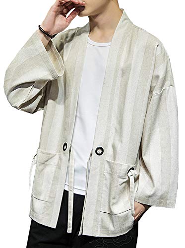 Hotmiss Men\'s Linen Striped Kimono Cardigan Noragi Street Jacket Japan Yukata Coat (Medium) Beige