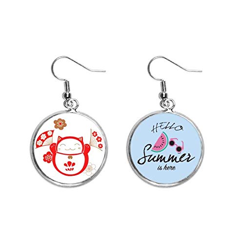 Pendientes de sandía estilo Japón con abanico de flor y gato para el lóbulo