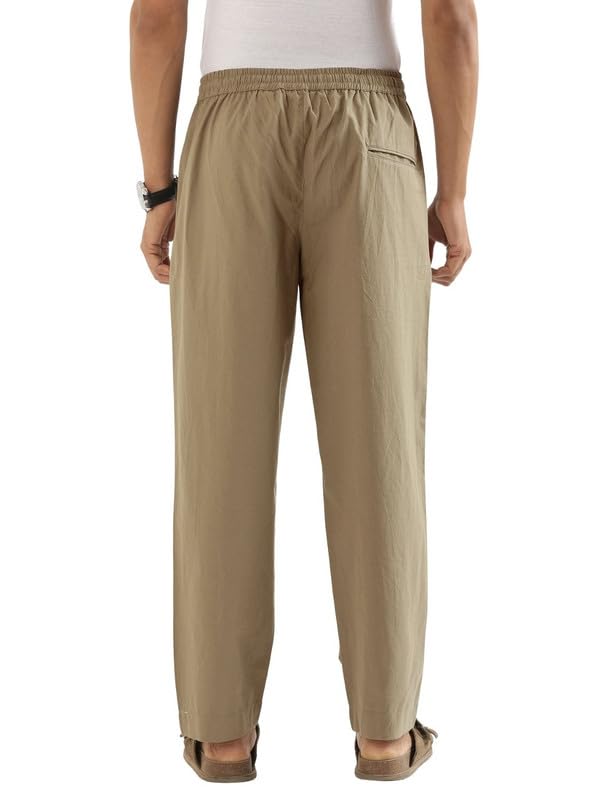 Image of SAADAA Men's 100% Cotton Pants | Mid-Rise Straight Fit Casual Trousers with Elastic Waistband and 3 Pockets | Everyday Wear