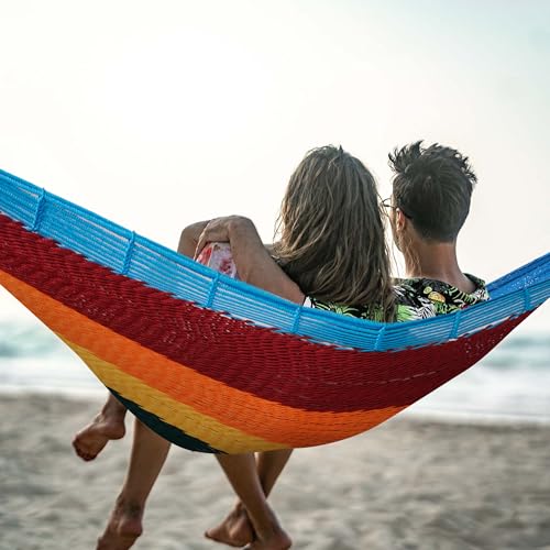 Image of Lazy Daze Hammocks Handwoven XL Mayan Hammock, 10.5 FT Soft Rope Double Hammocks, Portable Outdoor Hammock with Carry Bag, 2 Straps & Carabiners for Patio Outside, 550 lbs Weight Capacity, Rainbow