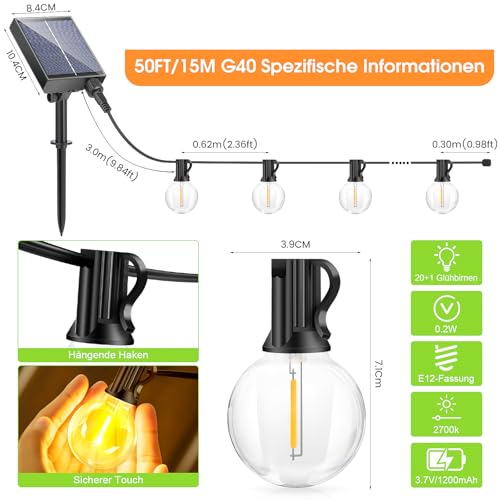 FGRYB Solar Lichterkette Aussen Wasserfest 15M - LED Solarlichterkette Außen 20+1 G40 Glühbirnen Dimmbar mit Fernbedienung 8 Modi für Outdoor Garten Balkon Party Terrasse Camping