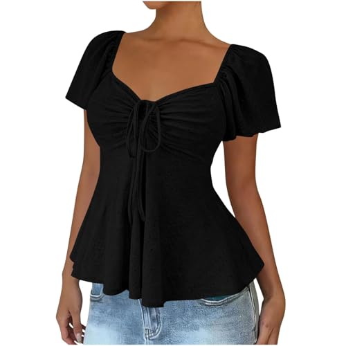 Women's Peplum Eyelet Tunic Tops Puff Short Sleeve Tie Front Ruched Babydoll Shirts Slim Fit Sweetheart Neck Shirts (US, Alpha, Large, Regular, Regular, Black)