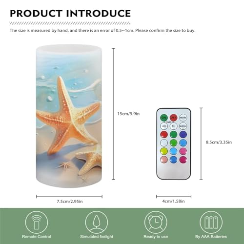 Image of Flameless Candle Battery Powered with Remote Control 12 Colors 4 /8 Hours Timer LED Night Lights Pillar Candle Tealights for Indoor Outdoor Home Wedding Decoration, Beach Starfish Blue