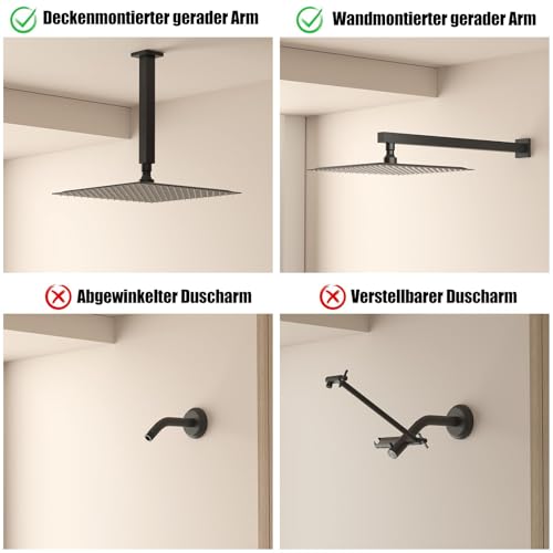 BESy 12 Zoll Regendusche Duschkopf Badezimmer, Kopfbrause Hochdruck Wassersparend Eckig Edelstahl 304 (30x30cm), 1/16 Zoll ultradünn, Wasserfall Duschkopf mit Anti-Kalk-Düsen, Mattschwarz