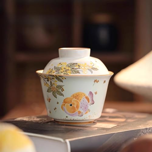 LEEDJUINE Service à thé Gaiwan en céramique - 100 ml - Poisson rouge - Service à thé Kungfu