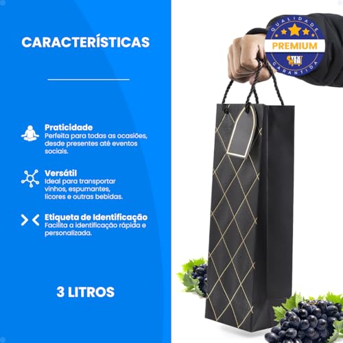 Sacola De Vinho Garrafa Presente De Papel Fundo Reforçado Para Bebidas 40x10x9 Texturizada Resistent