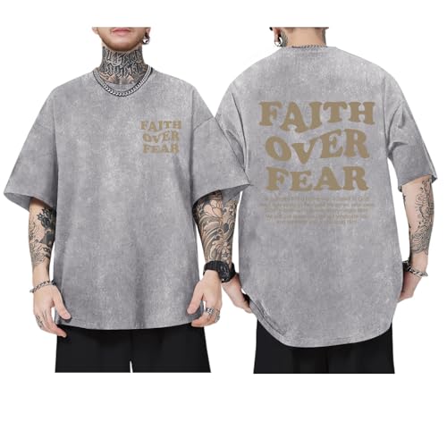 Image of Christian Shirts for Men Faith Over Fear Oversized Shirt Acid Wash Tshirt Graphic Religious T Shirt Bible Verse Tees