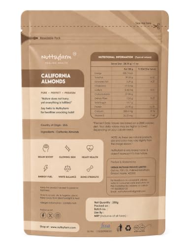 Image of Premium California Almonds, Natural Badam Dry Fruit Kernels, Crunchy Raw Nut Snack, Protein Rich Superfood, 250g (250 GRAM, PACK OF 1)
