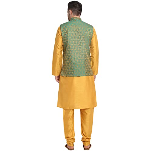 Image of KRAFT INDIA Mens Gold Silk Blend Kurta and Churidar Set With Jacquard Paisley Nehru Jacket