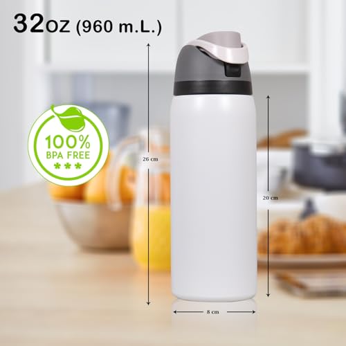 Image of FreeSip Gym Water Bottle with Straw & Chug Lid - Leak Proof Push Button Opening, BPA Free, Large Capacity Sports Bottle with Carry Handle (Cloud White, 960 ML)