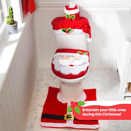 JOYIN 5 Pieces Christmas Theme Bathroom Decoration Set w/Toilet Seat Cover, Rugs, Tank Cover, Toilet Paper Box Cover and Santa Towel for Xmas Indoor Décor, Party Favors (Santa) - Image 7