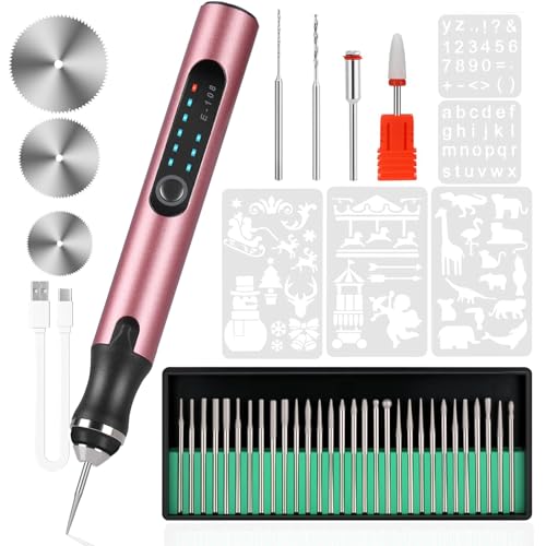 Electric Engraving Pen with 37 Bits, USB Rechargeable Cordless Engraving Machine, Portable DIY Rotary Engraver for Jewelry Wood Glass Stone Carving-Rose red