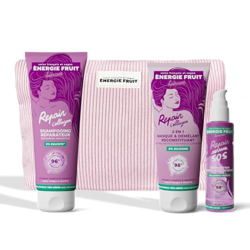 ENERGIE FRUIT - Coffret cadeaux routine capillaire cheveux abîmés - Collagène - Trio shampooing réparateur, masque reconstituant, sérum protecteur - Trousse offerte