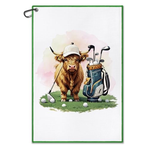 Dyjybmy Highland Cow Funny Printed Golf Towel With Clip, Cute Cow Golf Accessories For Men Women, Golfing Gifts For Family Dad Friend Mom, Christmas Birthday Thanksgiving Retirement Gifts For Golfer