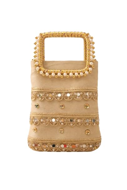 Women Gold Embellished Satin Potli Bag with Square Handle-image-20