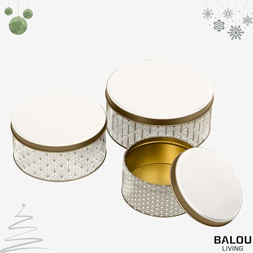 BALOU LIVING 3er Set Keksdose Weihnachten - Weihnachtskeksdosen aus Metall - Weihnachtliche Plätzchendose Blechdose, Pattern weiss/gold