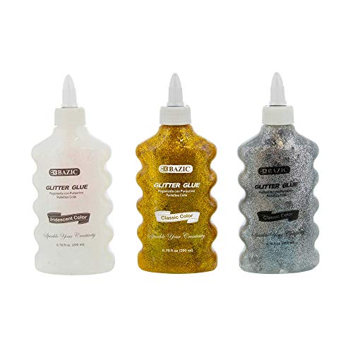 BAZIC Products Iridescent Silver Gold Glitter Glue 6.76 fl oz for Crafts Cards Posters Set of 3