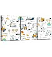 Feelyou Construction Canvas Wall Art 12" x 16"3 Piece Equipment Trucks Picture Wall Decor Dinosau...