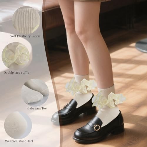 Image of Women Big Ruffle Ankle Socks Adult Double Lace Frilly Turn Cuff Dress Socks Cotton Cute Fancy Bobby Crew Socks