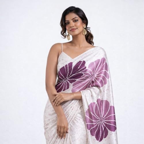 Image of Japan Satin Floral Print Saree for Women with Blouse Piece - Satin Finish Draped Saree