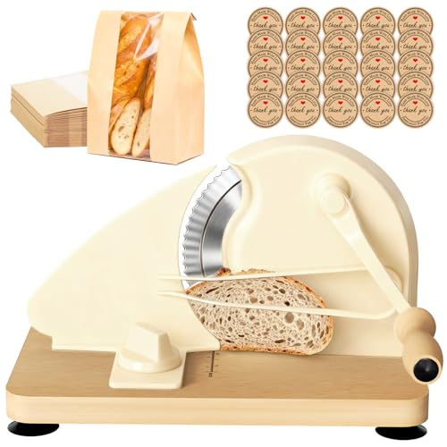 【Upgraded】Manual Bread Slicer for Homemade Sourdough Bread with 30Pcs Bread Bags, Adjustable Thickness, Evenly Slicing, Hand Crank Bread Slicer with Scale Line and Suction Cup, Serrated Blade Design