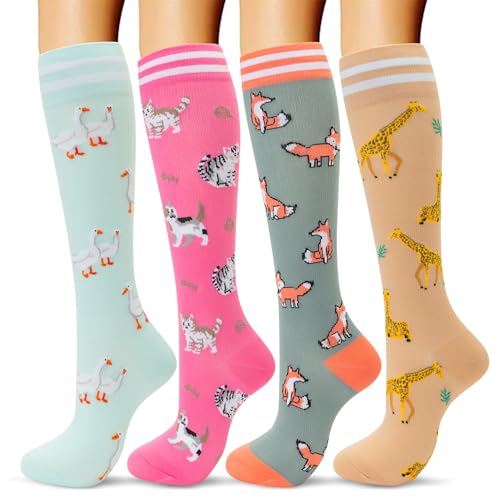 fenglaoda Compression Socks Women Men 4 Pairs, Knee High Support Socks for Running, Sports, Travel, Flight, Nurse