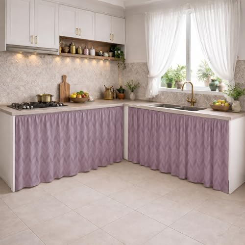 Image of LINENWALAS Under Sink Curtain for Kitchen - Pack of 2 | Herringbone Embossed Design Polyester Under-Sink Cover | Storage-Hiding Curtain with Rod Pocket | Kitchen & Bathroom (132x71 CM, Lilac)