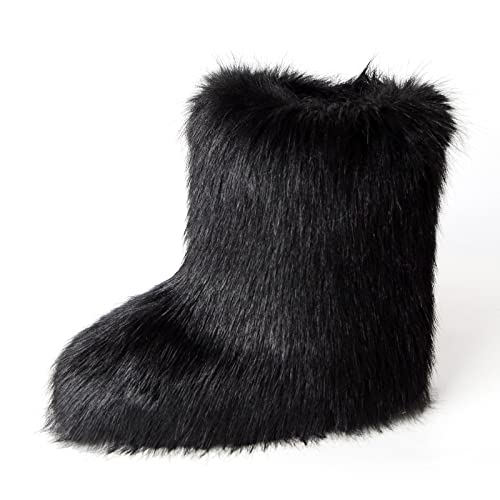 yamerbo Faux Fur Boots for Women Fuzzy Flurry Furry Leg Warm Boots Winter Mid-Calf Snow Shoes Fashion and Comfortable Outdoor Girl Black Faux Fox Fur