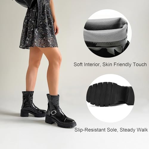 Women's Mid Calf Boots Patent Round Toe Chunky Heel Platform Ankle Boots Trendy Slip on Moto Combat Booties2