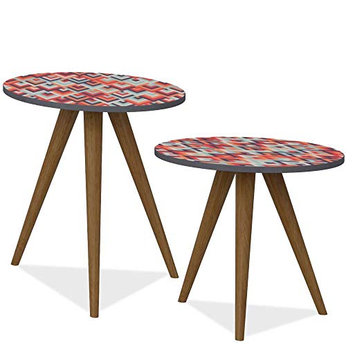 Conjunto Para Sala de Estar com Mesa de Canto e Mesa Lateral Retrô Espresso Estampa Vermelha - Be Mo