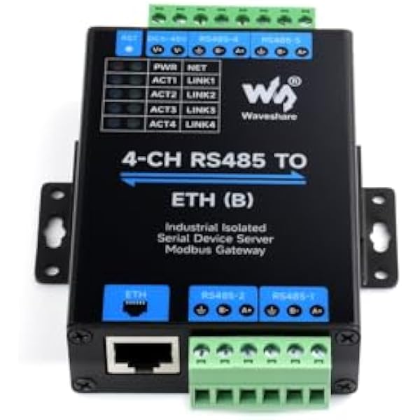 Waveshare 4-Ch RS485 to RJ45 Ethernet Serial Server, 4 Channels RS485 Independent Operation, Bi-Directional Transparent Transmission, Modbus Gateway, Common Network Port