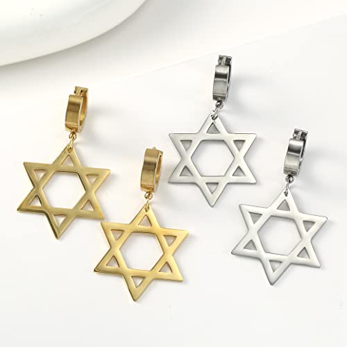 Star Of David Dangle Earrings For Men Women Stainless Steel Individual Punk Style Hexagram Clip On Hoop Earrings Religious/Israeli Jewelry (Gold) #TOP3
