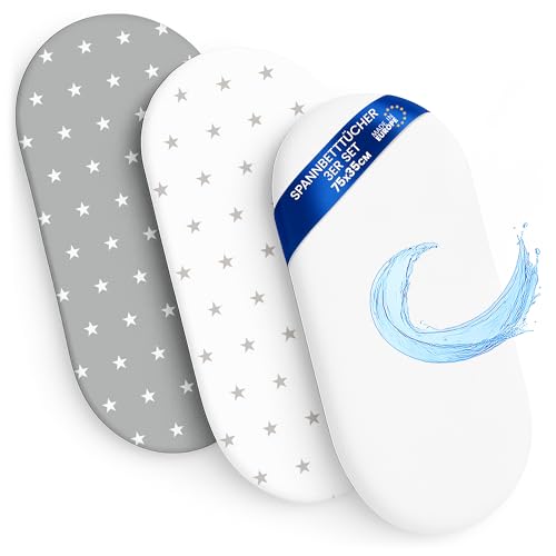 Sábanas Ajustables para Cochecito de bebé Juego de 3: 35x75 cm - 2 sábanas + 1 Protector de colchón Impermeable - Accesorios para Cuna de bebé y minicuna 35 x 75