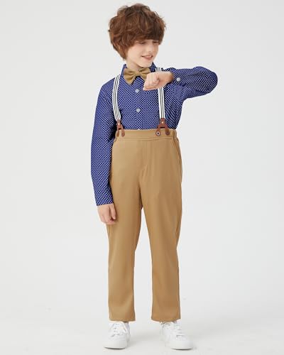 Image of DISAUR Boys Dress Clothes Wedding Ring Bearer Outfit Boy Formal Suits Dress Shirt with Bow Tie +Suspender Pants Set