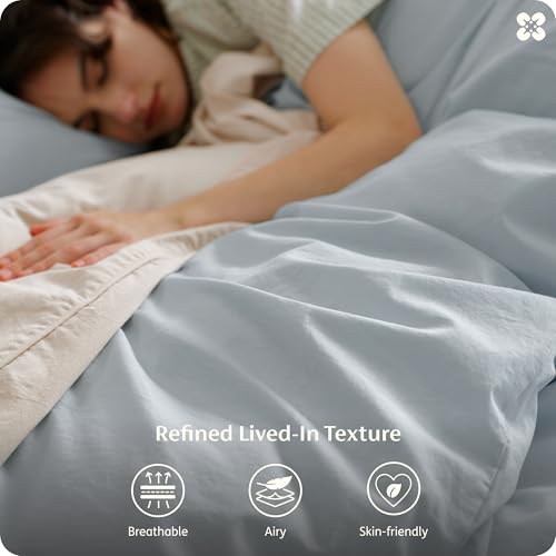Image of Bedsure 100% Washed Cotton Duvet Cover Queen Size - Pastel Blue Minimalist Bedding Set Linen Like - PureWoven Plain Simple & Soft Comforter Cover for All Seasons (Pastel Blue, Queen, 90 inchx90 inch)