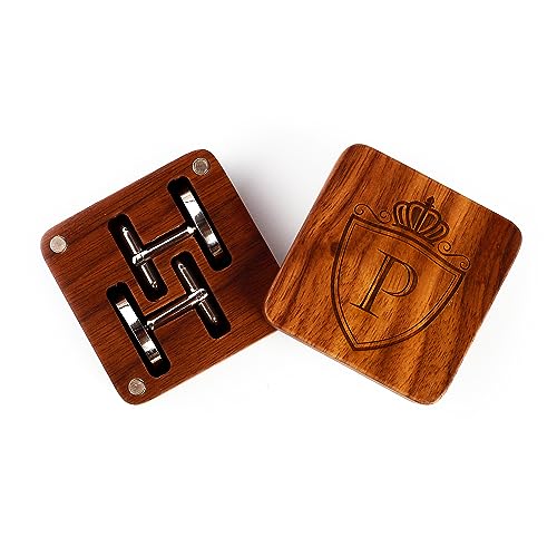 Image of Mens Initial Silver Cufflinks A-Z Alphabet Letter Steel Cuff Links with Engraved Walnut Wood Box Groom Groomsman Wedding Set