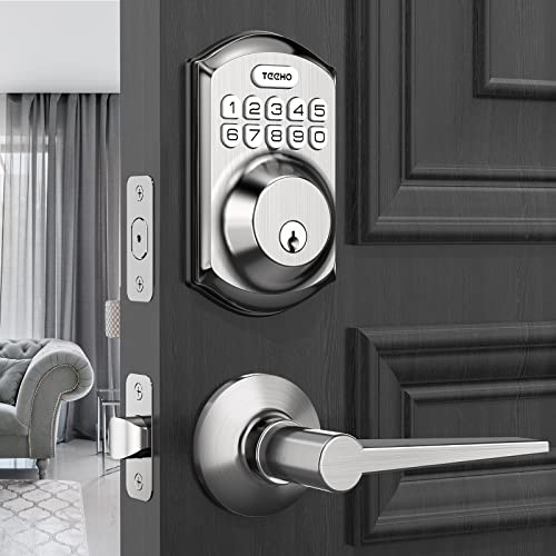 Teeho Te001L Keyless Entry Door Lock With 2 Handles - Electronic Keypad Deadbolt With Door Lever, Front Door Handle Sets, Auto Lock, Easy Installation, Satin Nickel #TOP17