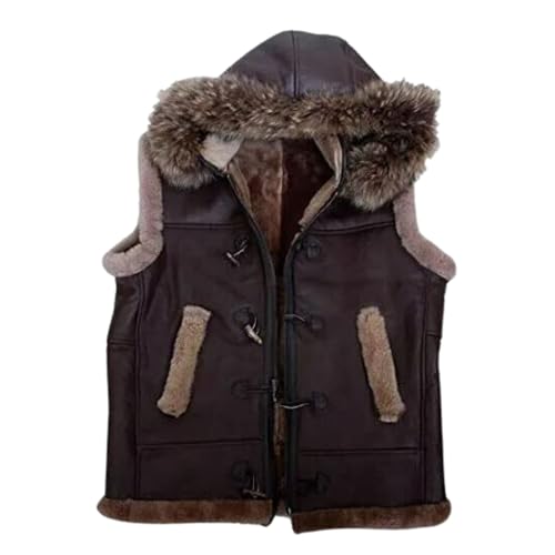 Men’s Aviator RAF B3 Shearling Sheepskin Leather Bomber Jacket Hooded Fur Vest (US, Alpha, One Size, Regular, Regular, X-Large, Brown)3