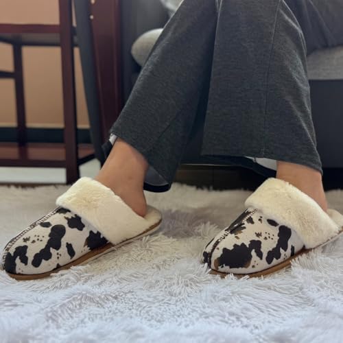 Crazy Bison Cozy House Slippers For Women, Cow Print Plush Slipper, Western Style Winter Fur Lined Slippers, Durable Rubber Sole Slip-On Indoor Outdoor2