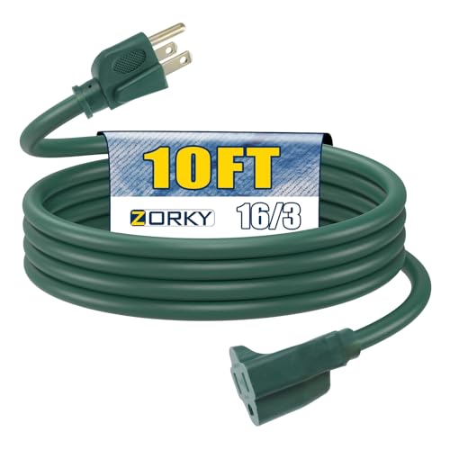 Image of 10ft Outdoor Extension Cord for Christmas Decorations - 16 /3 Heavy Duty SJTW Waterproof Green Electrical Cable with 3 Prong Grounded Plug for Safety, Great for Lawn and Major Appliances