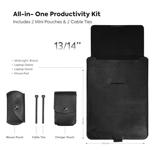 Image of TECHIE 3-in-1 Laptop Sleeve for 13-14 inch Laptops Midnight Black PU Leather Sleeve Convertible Stand Mouse Pad with Accessories Pouch