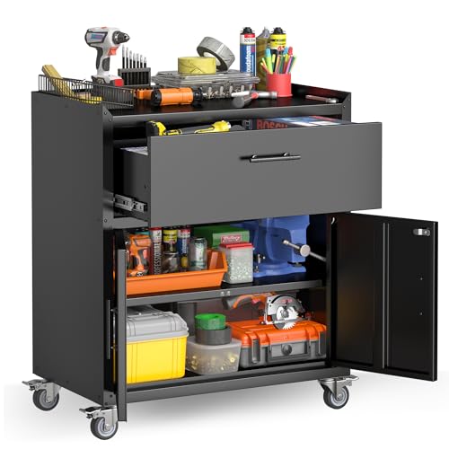 SFTORMAS Metal Storage Cabinet with Wheels, Mobile Metal Garage Cabinet with 1 Drawer and 2 Locking Doors,35.4