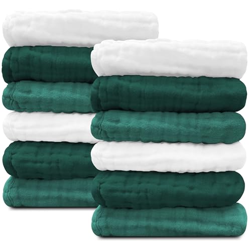 Image of Sunny zzzZZ Baby Muslin Washcloths -100% Cotton Muslin Soft Baby Bath Wash Cloths and Absorbent Burp Cloths for Newborns Kids Girls and Boys -12 Pack, 12x12 Inches - White+Deep Emerald Series