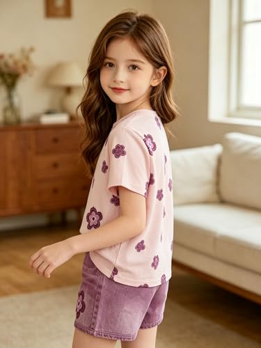 Image of Ayzozuy Kid Girl Clothes Shorts Set 2 Piece Outfits Summer Casual Short Sleeve Top and Shorts Set for Girls 4-7