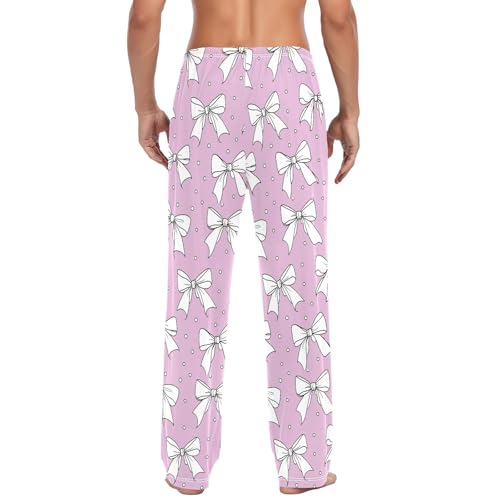 Men's White Bows Pajama Pants with Pockets - Straight Fit Cotton Sleep Bottoms for Lounge & Nightwear#6953