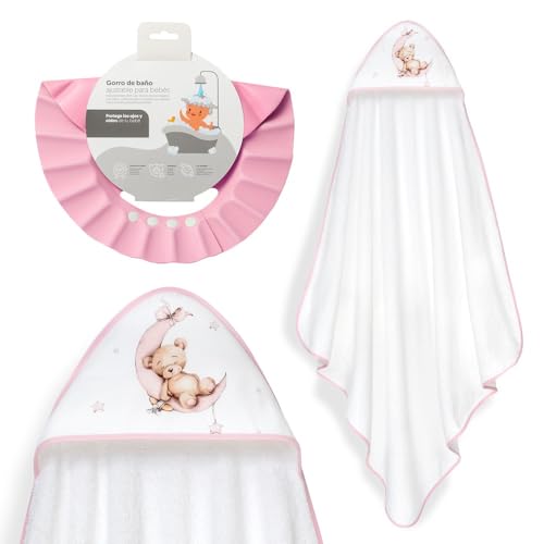 Interbaby - Capa de Baño Bebé + Gorro Ajustable | Toalla con Capucha 100% Algodón, Unisex | Suave, Secado Rápido | Ideal para Recién Nacidos, Bebes y Niños Pequeños | Diseño Oso Luna Estrellas